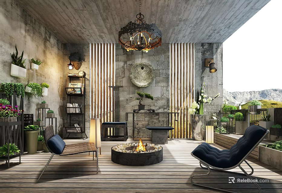 Villa Balcony With Fire Pit Wooden Flooring Striped Walls Hanging Lantern Plants And Mountain View 3d model 