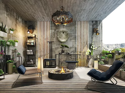 Villa Balcony With Fire Pit Wooden Flooring Striped Walls Hanging Lantern Plants And Mountain View 3d model