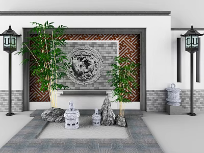 Traditional Garden Ornaments With Bamboo Stone Lanterns Relief Wall And Brick Decorations 3d model