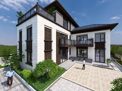 Modern Two Story Detached Villa With Balconies Courtyard Green Plants And Stone Pavement 3d model