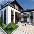 Modern Two Story Detached Villa With Balconies Courtyard Green Plants And Stone Pavement