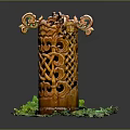 Intricately Carved Wooden Pillar With Ornate Top Curved Side Decorations And Green Base Decoration