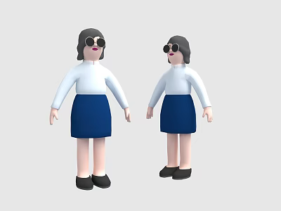 3D Cartoon Twin Like Female Game Movie Characters With Sunglasses White Top Blue Skirt 3d model