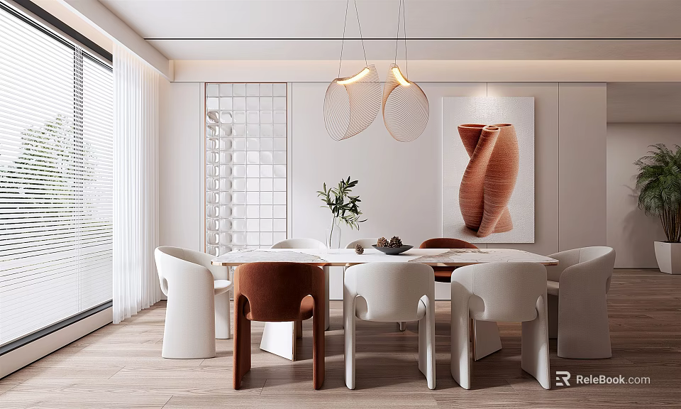 Modern Dining Room Interior With White And Brown Chairs Pendant Lights And Artwork 3d model 