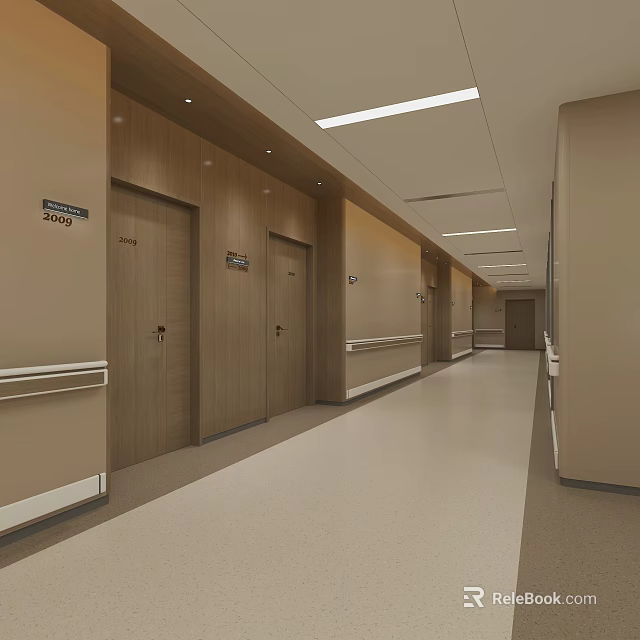 Modern Elevator Hallway With Wooden Doors Room Number Signs Handrails And Recessed Lights 3d model 