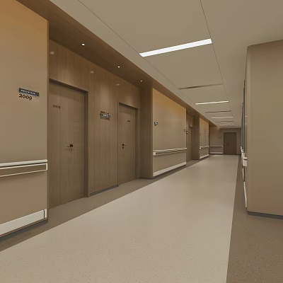 Modern Elevator Hallway With Wooden Doors Room Number Signs Handrails And Recessed Lights 3d model
