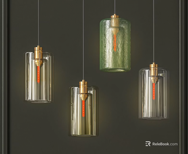 Modern Glass Pendant Lights With Brass Accents And Green Transparent Shades 3d model 