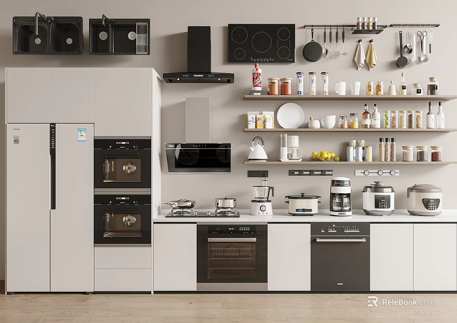 Modern Kitchen Interior Featuring Essential Appliances Oven Microwave Refrigerator Cabinets And Shelves 3d model 