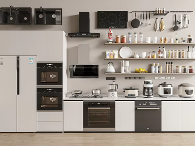 Modern Kitchen Interior Featuring Essential Appliances Oven Microwave Refrigerator Cabinets And Shelves 3d model