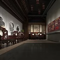 Traditional Chinese Cultural Center With Visitor Exploring Tile Roof Lanterns Calligraphy Paintings And Wooden Furniture