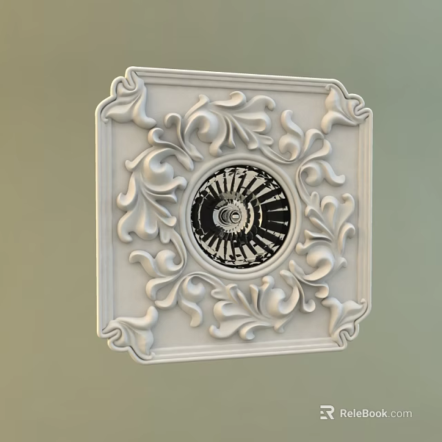 Elegant Square Ceiling Light with Ornate Carved Patterns and Black Circular Center 3d model 