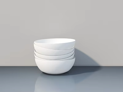 Stacked White Bowls On Grey Table Against Light Grey Wall Background 3d model