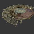 Round Wooden Table With Fan Shaped Seats And Patterned Carpets On Top
