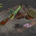 Red Rifle Military Cap Bloodstain And Silver Flask On Brick Pavement