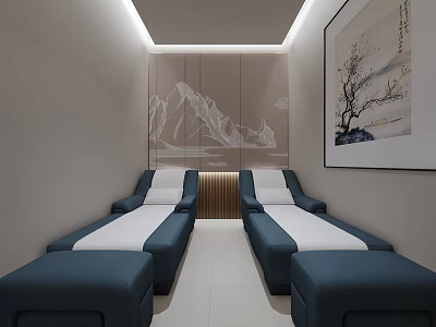 Serene Relaxation Club Interior Design With Navy Reclining Chairs White Cushions And Mountain Art 3d model