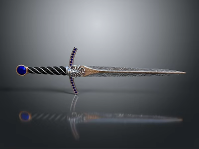 Ornate Sword With Twisted Black Silver Hilt Blue Gem Purple Crossguard And Intricate Engraved Blade 3d model