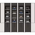 Modern Decorative Cabinet With Dark White Finish Gold Accents And Display Shelves