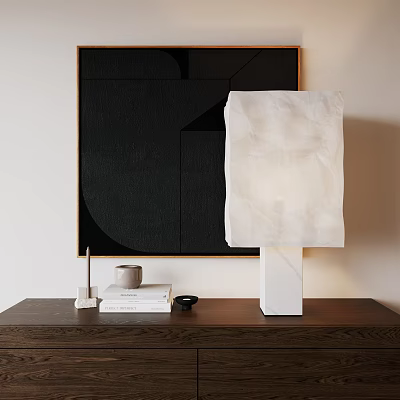 Modern White Table Lamp With Marble Base On Wooden Table Near Books And Small Items 3d model