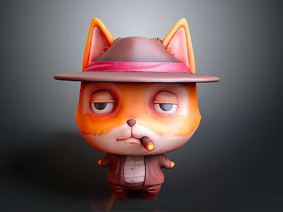 Cute Orange Cat Game Movie Character Wearing Hat With Cigar And Sleepy Eyes In Jacket 3d model