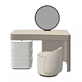 Modern Light Colored Dressing Table with Round Mirror Upholstered Stool and Drawers 3d model
