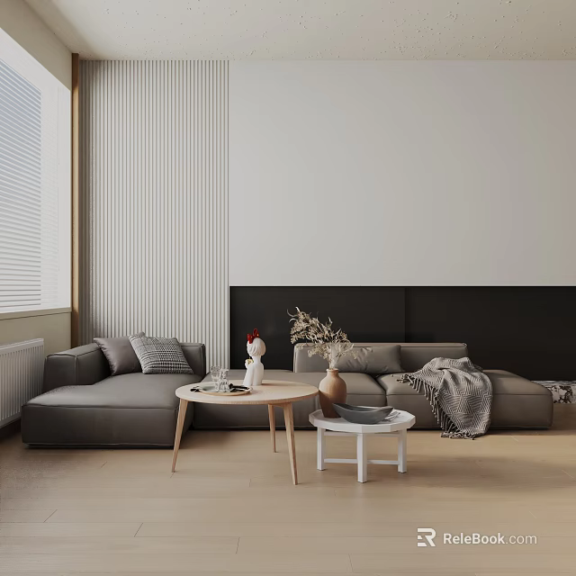 Modern Gray Fabric Three Seater Sofa With Side Table Vase And Throw Blanket 3d model