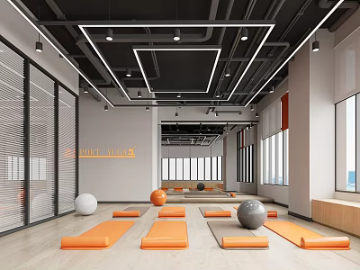 Spacious Bright Fitness Studio With Yoga Mats Exercise Balls And Mirror Walls 3d model