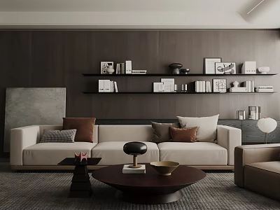 Modern Living Room Interior With Beige Sofa Throw Pillows Dark Wooden Wall And Floating Shelves 3d model