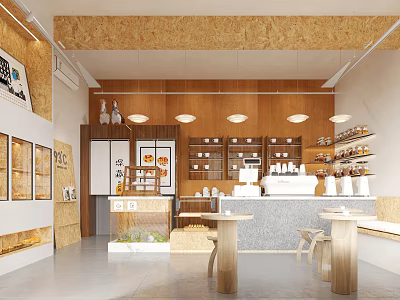 Modern Cozy Dessert Shop Interior With Wooden Decor And Display Areas 3d model