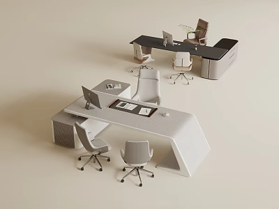 Minimalist Modern Office Desk With Ergonomic Chairs Computer Monitors And Sleek Storage Cabinets 3d model