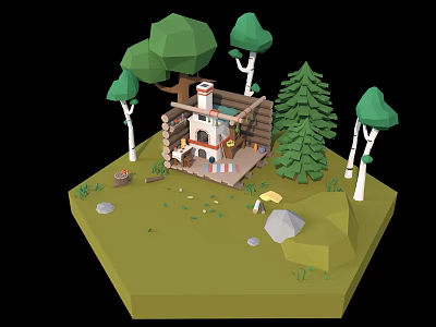 Cartoon Low Poly Forest Scene With Log Cabin Green Trees Campfire Rocks And Small Table 3d model
