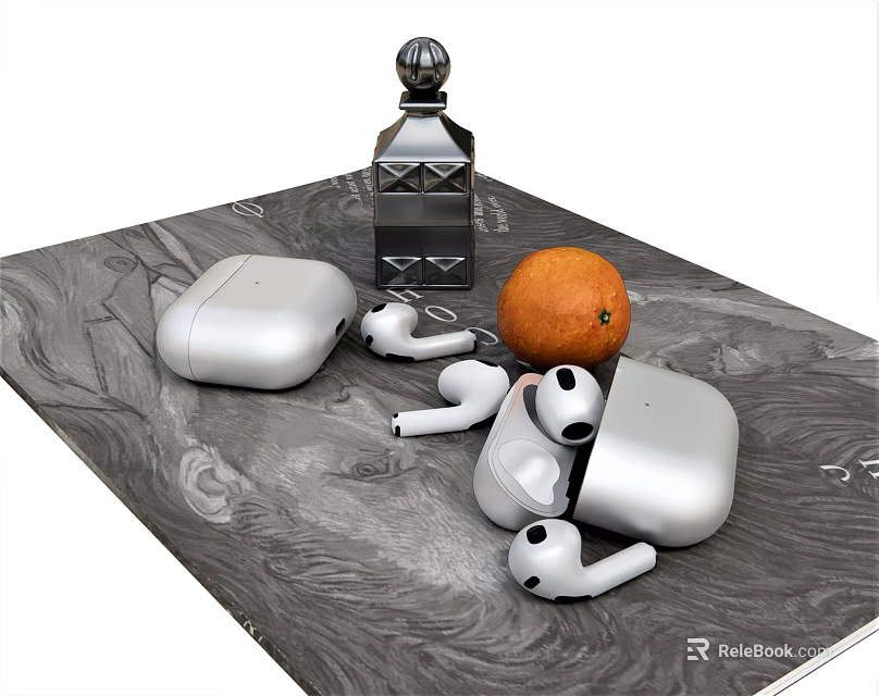 Stylish Silver Earbuds with Charging Case on Grey Tabletop and Black Bottle Orange Fruit 3d model 