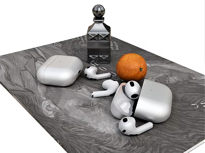Stylish Silver Earbuds with Charging Case on Grey Tabletop and Black Bottle Orange Fruit 3d model