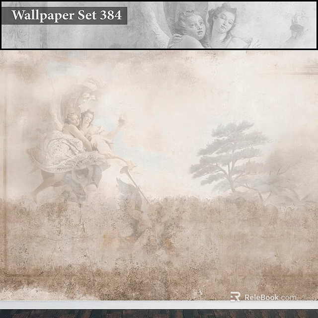 Classical Mural Components Featuring Ancient Figures Pine Trees And Cloudy Patterns 3d model 
