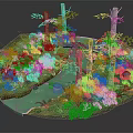 Cartoon Tropical Island Scene With Green River Lush Plants Trees And Flowers
