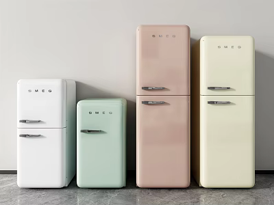 Multiple Retro Style Refrigerators In Various Colors And Sizes Display Arrangement 3d model