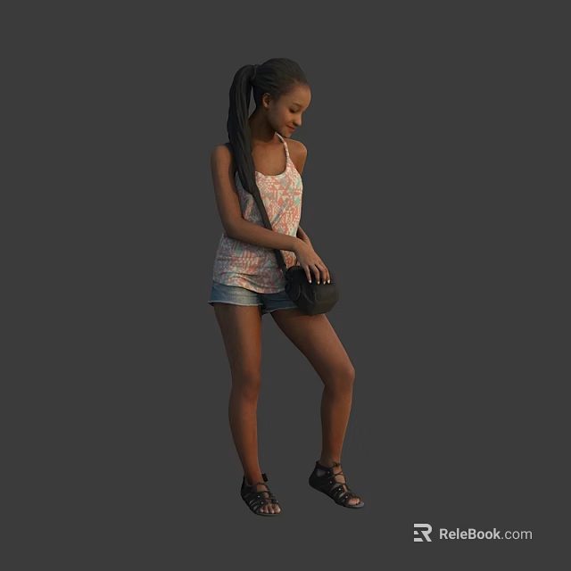 Woman with ponytail in floral tank top and denim shorts holding black bag wearing sandals 3d model 