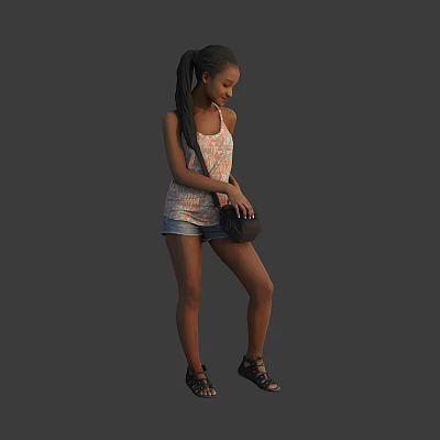 Woman with ponytail in floral tank top and denim shorts holding black bag wearing sandals 3d model