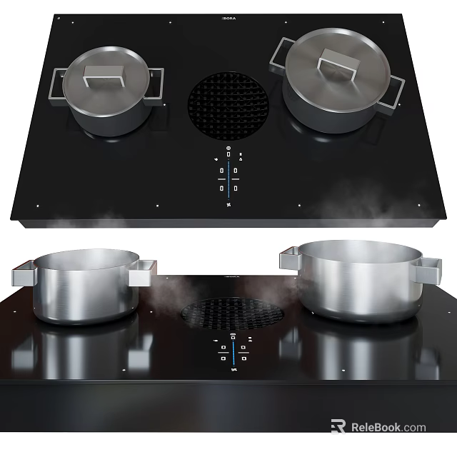 Efficient Modern Black Cooktop Household Kitchen Appliance With Stainless Steel Pots And Steam 3d model 