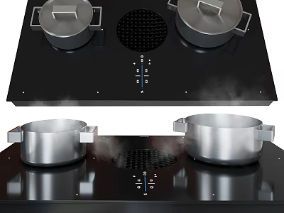 Efficient Modern Black Cooktop Household Kitchen Appliance With Stainless Steel Pots And Steam 3d model