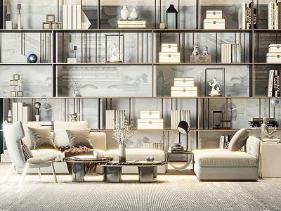 Modern Living Room Sofa Coffee Table Set With Bookshelves And Decorative Items 3d model