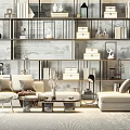 Modern Living Room Sofa Coffee Table Set With Bookshelves And Decorative Items