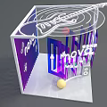 NotiNOVA Display Booth With Musical Notes Purple Blue Striped Background Circular Decorative Balls And Speakers