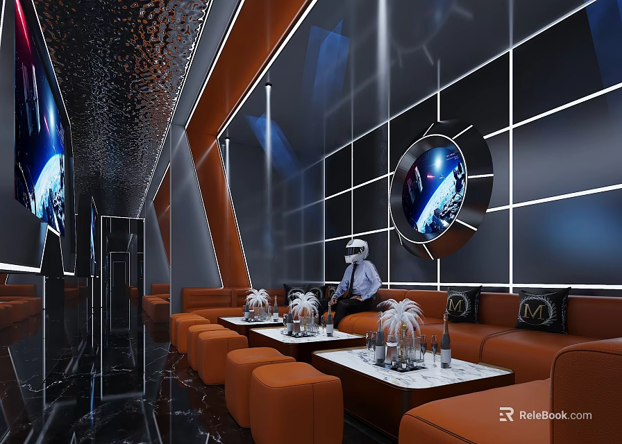 Modern KTV Lounge Interior Design With Comfortable Sofa Large Screen And Lighting 3d model 