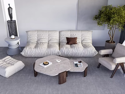 Modern Light Gray Sofa and Coffee Table Set with Pleated Design Marble Top Brown Cushion 3d model