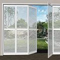 White Louvered Folding Doors Open To Indoor Outdoor View With Green Lawn And Trees