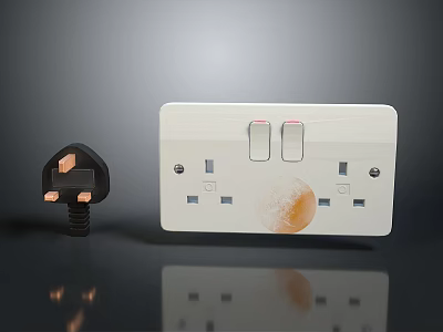 White Computer Power Socket With Black Plug Dual Switches And Jacks On Reflective Surface 3d model