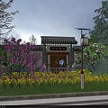 Chinese Style Wooden Entrance Gate with Purple Flowers Green Trees Street Lamp and Lawn Around