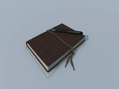 Brown Notebook With Carved Pattern And Black Pen On Light Background 3d model