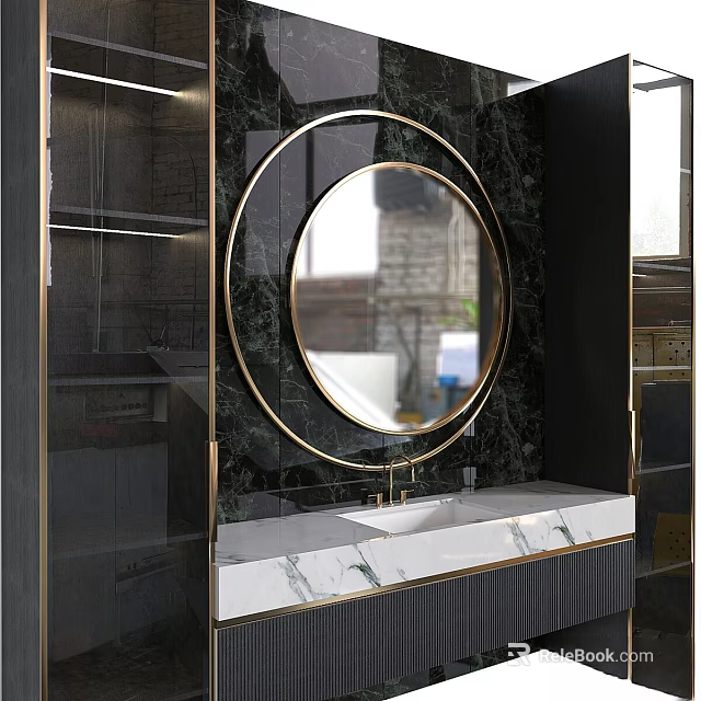Modern Washbasin Vanity With Round Mirror Marble Countertop And Black Gold Accents 3d model 