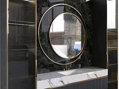 Modern Washbasin Vanity With Round Mirror Marble Countertop And Black Gold Accents 3d model